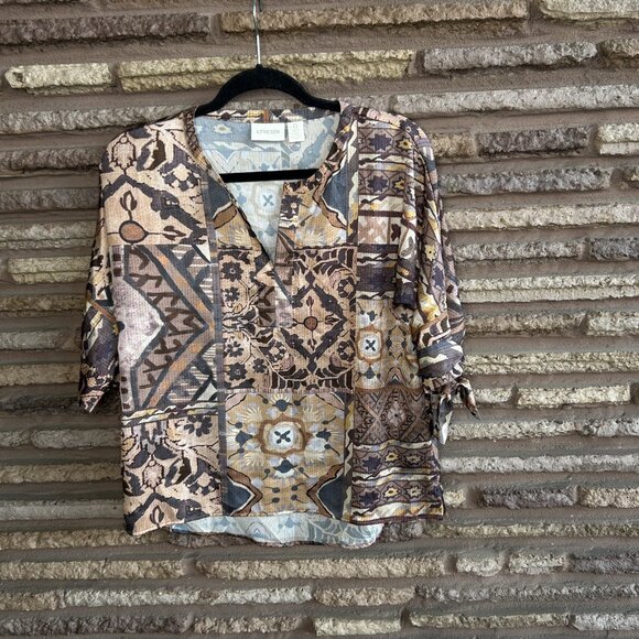 Chico's Tribal Patchwork Split Neck Sillky Feel Blouse Size 0 Small - Picture 5 of 6